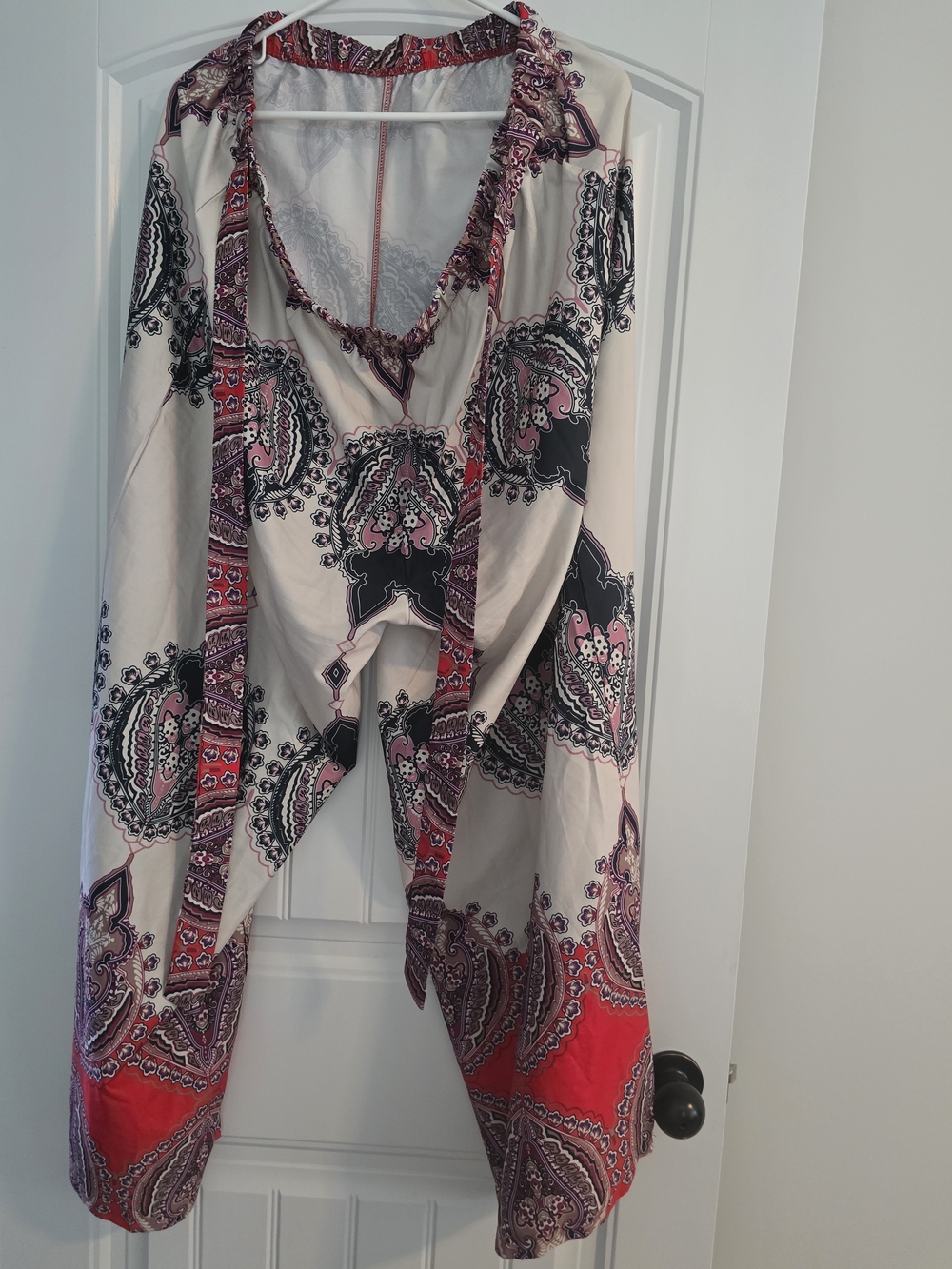 SHEIN Cream Paisley Wide-Leg Jumpsuit with Red & Black Accents
